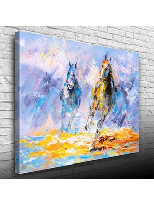 Dörtnala Iki At Sarı ve Mavi Tonlarda Yağlıboya Kanvas Tablo 50 x 70
