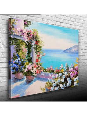 Sardunyalı Balkon ve Deniz Yağlıboya Kanvas Tablo 50 x 70