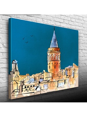 Galata Kulesi , Mavi Kahverengi Tonlarda Kanvas Tablo 50 x 70