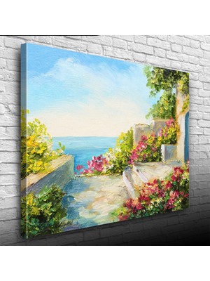 Çiçekli Taş Teras ve Deniz Manzarası  Yağlıboya Kanvas Tablo 50 x 70