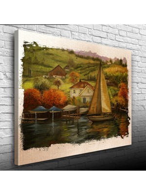 Sahildeki Yelkenli Yağlıboya Kanvas Tablo 50 x 70