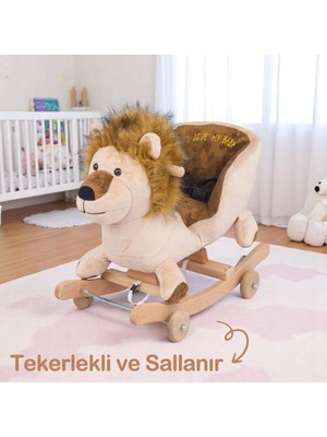 Elite Tekerlekli ve Ahşap Ayaklı Sallanan At, Eşek Peluş Oyuncak - Aslan 1 Adet