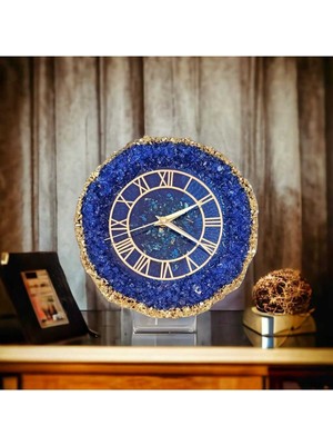 UltraNova El Yapımı Doğal Taş Görünümlü Epoksi Masa Saati, Mavi Renkli, Romen Rakamlı Dekorasyon
