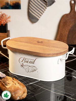 Lin Metal Elite Ahşap Kapaklı Tel Kulplu Metal Ekmeklik Düz Desenli Beyaz 1 Adet