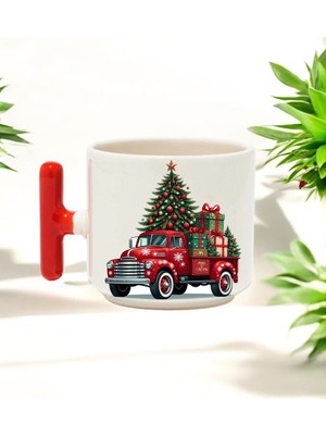Yılbaşı Arabası Tasarımlı Kırmızı T Kulplu Seramik Baskılı Kupa Bardak 250 ml