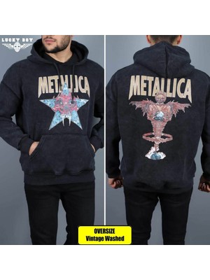 Metallica Yıkamalı Kapşonlu Over Size Sweatshirt M