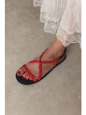 Sandalet 2503 - Düğümlü Halat Kırmızı Kadın Sandalet