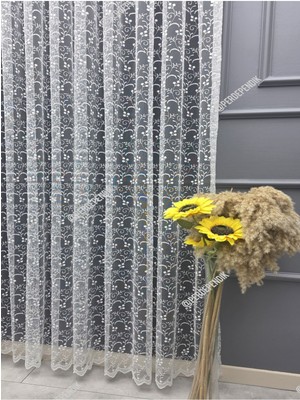 Tül Perde Kırık Beyaz Ekru Çiçek Desenli Işlemeli Salon Mutfak Kısa Petek Üstü Kırışmaz Sık Pileli