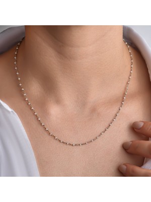 Nox Jewelry 14K Altın Kaplama Ay Taşı Rosary Zincir Gümüş Kolye - Beyaz Minimal Tesbih Zincir Kadın Kolye- CNS00639