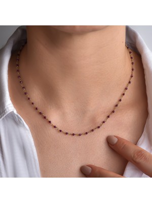 Nox Jewelry 14K Altın Kaplama Lal Taşı Rosary Zincir Gümüş Kolye - Kırmızı Doğum Taşı Minimal Zincir Kadın Kolye- CNS00640