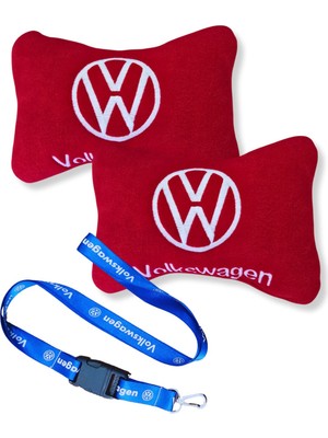 Volkswagen Uyumlu Kırmızı Polar Ortopedik Araç Koltuk Seyahat Boyun Yastık & Mavi Oto Ayna Askısı