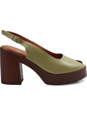 Zeytuk Krem Hakiki Deri Kalın Topuk Kadın Sandalet