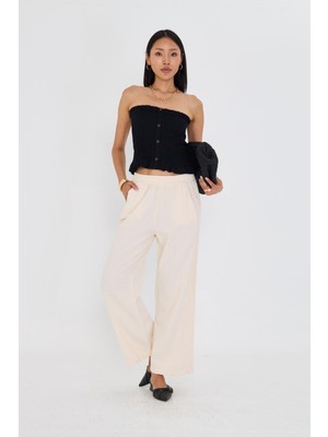 Şeritli Bol Paça Pantolon - Ekru