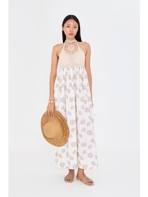 Örgü Detaylı Keten Görünümlü Sırt Dekolteli Elbise