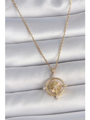 316L Çelik Gold Renk Zincir Zirkon Taşlı Pusula Model Kadın Kolye - TJ-BKO10039