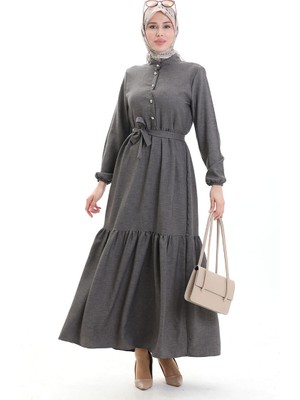 Sefa Merve Kolu Lastkli Düğmeli Elbise 0104-01 Füme