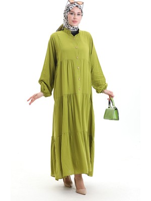 Sefa Merve Yarım Düğmeli Kolu Lastikli Elbise 0091-01 Haki