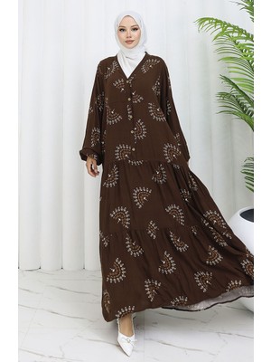 Sefa Merve Viskon Kumaş Desenli Düğmeli Elbise 0088-01 Kahverengi