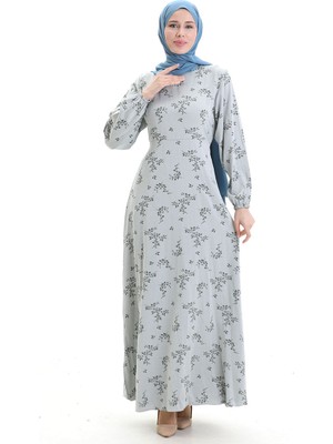 Sefa Merve Kolu Lastikli Desenli Elbise 2047-07 Gümüş Gri