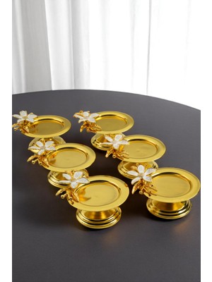 Zambak Çiçekli Dekoratif 6 Li Gold Renk Makaronluk Lokumluk Kahve Yanı Sunumluk