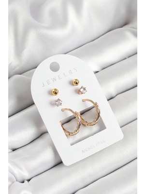 Pirinç Zirkon Taş ve Halka Figürlü Gold Renk 3'lü Çift Kadın Küpe Set - TJ-BKP10652