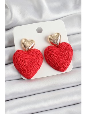 Kırmızı Kalp Figürlü Hasır Örgü Model Gold Renk Kadın Küpe - TJ-BKP10735
