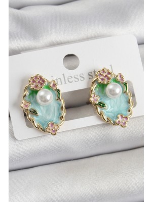 Pirinç Yeşil Mineli Inci Detaylı Sanatsal Portre Model Gold Renk Kadın Küpe - TJ-BKP10691