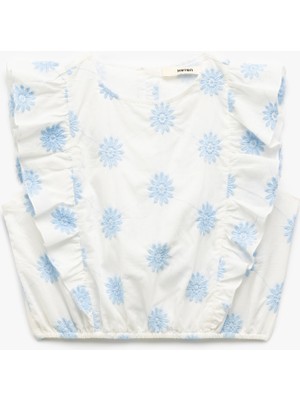 Koton Pamuklu Bisiklet Yaka Kolsuz Çiçek Nakışlı Kolsuz Crop Bluz