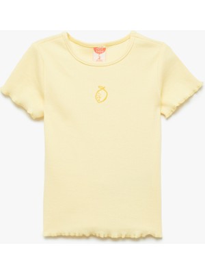 Koton Kısa Kollu Bisiklet Yaka Pamuklu Limon Işlemeli Tişört