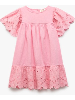 Koton Kısa Kollu Bisiklet Yaka Brodeli Pamuklu Elbise