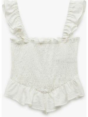 Koton Viskon Kumaş Gipeli Dokulu Kare Yaka Fırfırlı Askılı Crop Bluz