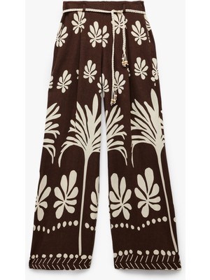 Koton Keten Karışımlı Kemer Detaylı Cepli Geniş Paça Çiçekli Palazzo Pantolon