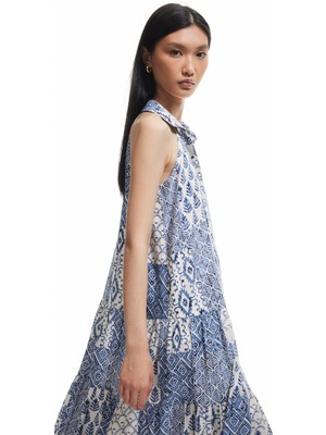 Koton Astarlı Etnik Desenli Düğmeli Kolsuz Midi Gömlek Elbise