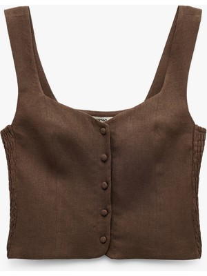 Koton Astarlı Düğmeli Askılı Keten Crop Bluz