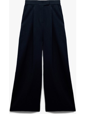 Koton Astarlı Pamuklu Cepli Pile Detaylı Uzun Geniş Paça Keten Pantolon