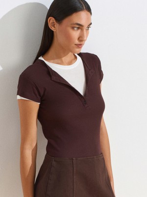 31783 Çift Katlı Düğmeli T-Shirt-Kahve