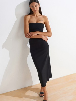 91368 Straplez Midi Elbise-Siyah