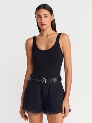 Dilvin 21053 Siyah Askılı Bodysuit Kolsuz U Yaka %95 Pamuk Kadın Kalıbında