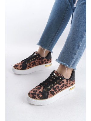 Mına Bağcıklı Ortopedik Taban Leopar Desenli Kadın Sneaker Spor Ayakkabı  Tbt - Kahverengi