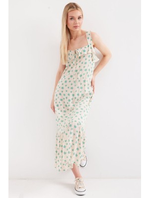 Deridün Yıldız Shoes 2237 Desenli Askılı Viskon Elbise - Çağla