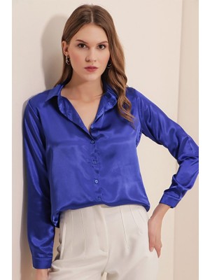 Deridün Yıldız Shoes 3964 Hafif Dökümlü Saten Gömlek - Saks