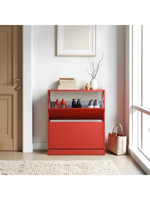 Adore Mobilya Adore Flat Duo 2 Katlı Geniş Ayakkabılık Dolabı Kırmızı 4 Raflı Yonga Levha ile Estetik Depolama