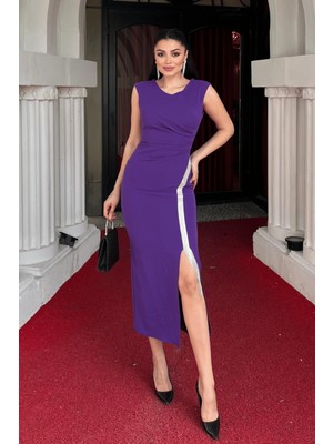 Atlas Kumaş Taş Detaylı Kalem Elbise - Mor