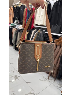 Modern Tasarım Fermuarlı Toka Detaylı Kahverengi Noktalı Kol ve Omuz Çanta