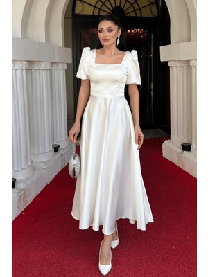 Saten Kumaş Kare Yaka Balon Kol Midi Elbise - Beyaz