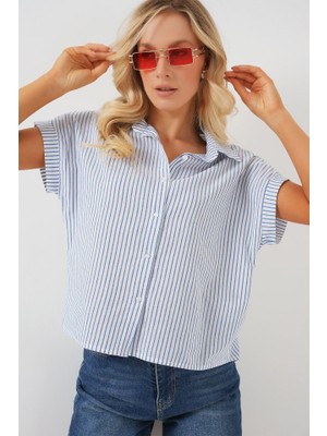 Deridün Yıldız Shoes Çizgili Kısa Kol Gömlek 20324 - Mavi