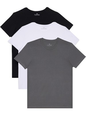 Tudors Slim Fit Kısa Kol Tişört %100 Pamuk 3'lü Paket Siyah-Beyaz-Gri Günlük Stil