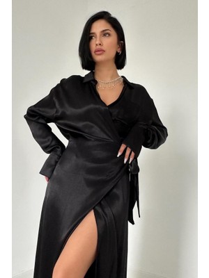 Deridün Yıldız Shoes Siyah Kuşaklı Gömlek Elbise