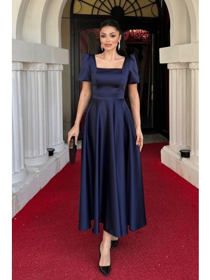 Saten Kumaş Kare Yaka Balon Kol Midi Elbise - Lacivert