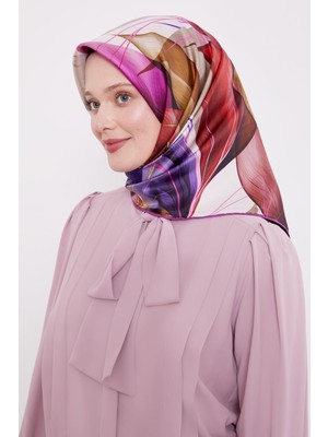 Mor Ince Yaprak Desen Twill Ipek Eşarp